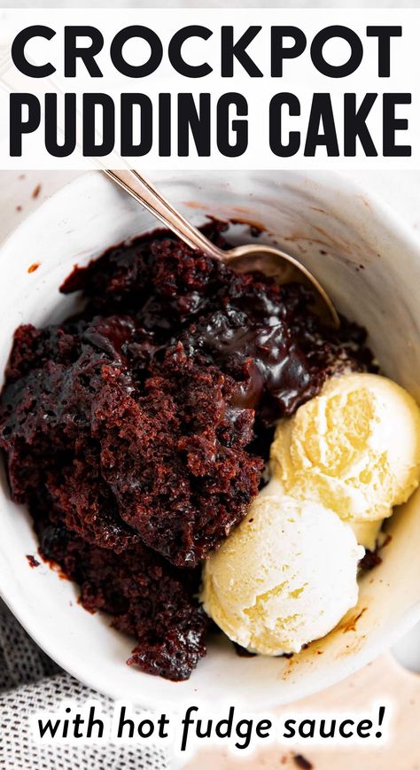 You don’t even need a bowl to make this slow cooker chocolate pudding cake. Everything comes together right in the crock pot for an extra quick clean up! This is the perfect easy dessert for Christmas, Valentine's Day... or anytime you need a chocolatey pick me up! | #cake #puddingcake #crockpotdessert #slowcooker #crockpot #slowcookerdessert #dessertrecipe #easydesserts #chocolate Crock Pot Pudding Cake, Crockpot Lava Cake Recipe, Lava Cake Recipe Crock Pot, Crockpot Brownies, Crockpot Chocolate Cake, Crockpot Cake Recipes, Crockpot Lava Cake, Slow Cooker Brownies, Chocolate Pudding Cake Recipe