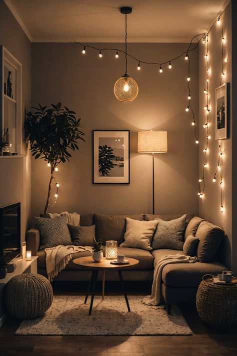 2 Couches Small Living Room, Corner Couch Lighting, Lounge Room Ideas Small Spaces, Small Comfy Room Ideas, Comfy Living Room Ideas Apartment, Living Room Cozy Couch, Small Flat Design Interiors, Tiny Cosy Living Room, Dim Lit Living Room