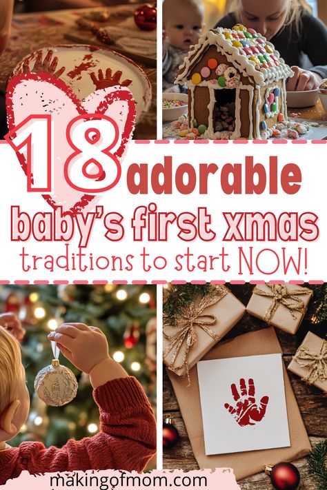 Baby's First Christmas - Christmas Traditions to Start From the First Year. Whether you have a newborn, baby, or toddler, get started making magical Christmas memories. Christmas Cards With Newborn, First Christmas Decoration Ideas, Christmas Gifts From Newborn Diy, Crafts For Baby’s First Christmas, Baby First Christmas Gifts For Family, Newborn Christmas Gifts For Family, Newborn Christmas Traditions, Christmas Ideas For 3 Month Old, Christmas Baby Decorations