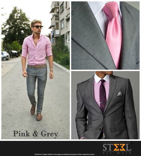 Pink & Grey is that one colour combination that never goes wrong ! Tell us in comment section, which are your favourite colour combinations that you love to don? #Ensemble #Colour #SteelAllMale #Menswear #Clothing #Store #Ahmedabad #Suit #Shirt #Trouser #NeckTie #Blazer #CasualWear Pink And Grey Mens Formal, Pink Shirt Grey Pants Outfit Men, Grey Suit Pink Shirt, Peach Shirt Outfit, Grey Dress Pants Outfit, India Fashion Men, Pink Shirt Men, Asian Suits, Grey Pants Outfit