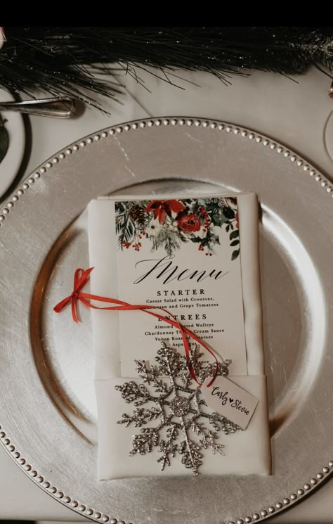 Christmas #WeddingMenu, #WinterWedding favor, ornament, #snowflake, place setting Christmas Wedding Place Cards, Ornament Wedding Favors, Christmas Wedding Themes, Food Wedding Favors, Celebration Dinner, Christmas Wedding Favors, Bottle Opener Favors, Cottagecore Christmas, Christmas Decorations Centerpiece