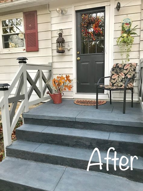 StyleWise: Budget Friendly Concrete Patio and Stairs Makeover Cement Front Steps Makeover, Diy Concrete Steps, Steps Makeover, Concrete Front Steps, Cement Steps, Paint Concrete Patio, Patio Stairs, Paint Concrete, Front Porch Steps