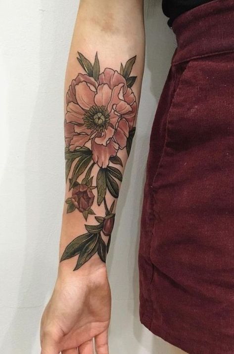 Colour Sleeve Tattoos For Women, Botanical Tattoo Sleeve Colour, Color Floral Sleeve Tattoo, Floral Tattoo Coverup, Neotraditional Flower Tattoo, Colour Tattoo For Women, Purple Tattoos, Bracelet Tattoo, Poppies Tattoo