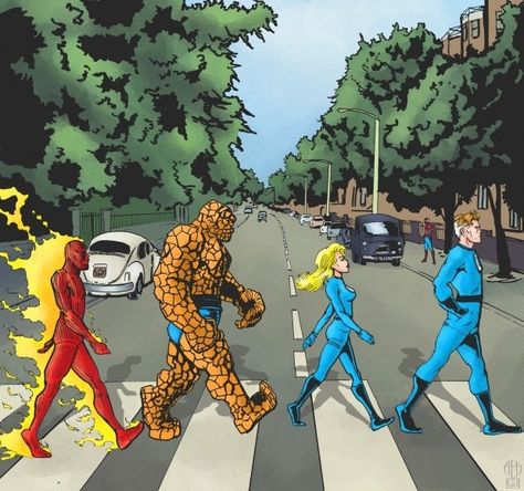 "Abbey Road" | 16 Classic Record Covers Reinterpreted With Superheroes Fantastic Four Comics, The Fantastic Four, Mister Fantastic, Classic Album Covers, Comic Poster, Art Parody, Jack Kirby, Ms Marvel, Silver Surfer