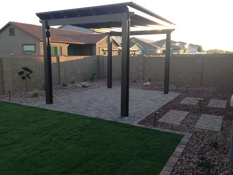 Simple Landscape Backyard, Large Rectangle Backyard Ideas, Detached Patio, Arizona Backyard Landscaping, Grass Backyard, Artificial Grass Backyard, Turf Backyard, Paver Ideas, Arizona Backyard