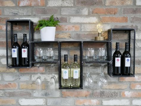 Metal Industrial Wine Wall Cabinet Drinks Storage Unit Or Shelf Black Wine Rack, Wine Rack Glass Holder, Industrial Wine Racks, Wall Storage Cabinets, Metal Storage Shelves, Wine Bottle Storage, Metal Wine Rack, Wine Rack Cabinet, Wall Mounted Wine Rack