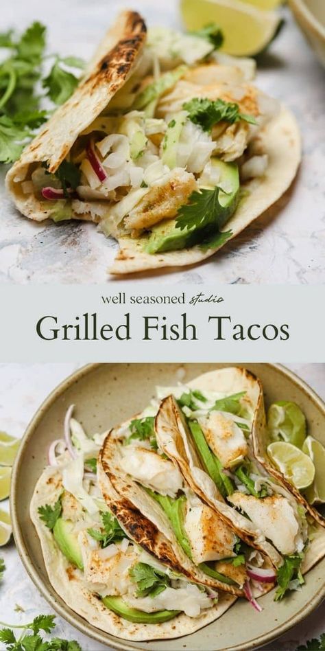 Grilled Cod Tacos, Authentic Mexican Fish Tacos, Grilled Fish Tacos With Cabbage Slaw, Fish Tacos With Cabbage Slaw, Tacos With Cabbage Slaw, Fish Tacos With Cabbage, Pescatarian Meals, Grilled Cod, Fish Meal