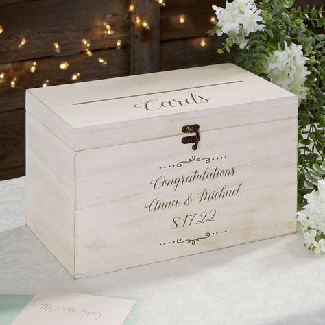 "Express yourself with our Write Your Own Personalized Wedding Wood Keepsake Card Box. The perfect gift for any bride-to-be. Her special day will be a day to remember with this precious keepsake engraved with any special message.  -Personalize the top of the box with any 1 line of text and the front with any 3 lines of text and optional graphic -Features latch lock to keep box closed -Opening on box lid allows for guests to easily deposit their greeting card -Felt lined interior -Measures 8\" L Advice Box Wedding, Wedding Advice Box, Wood Wedding Card Box, Wooden Card Box Wedding, Advice Box, Wood Card Box, Rustic Card Box, Wooden Card Box, Wood Keepsake