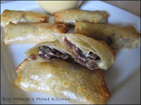 Big Mama's Home Kitchen: French Dip Egg Rolls with Au Jus Baked Egg Rolls, Kitchen French, Muenster Cheese, Baked Egg, Hot Appetizers, Big Mama, Egg Roll Recipes, French Dip, Super Bowl Party