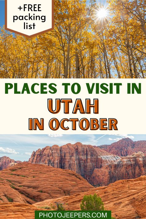 If you’re planning a fall vacation, here’s a list of places to visit in Utah in October. This time of year is perfect to visit Utah’s stunning landscapes and enjoy outdoor activities. You’ll find a variety of Utah vacation destinations to go during the month of October like National Parks, State Parks, National Monuments, and some fall-themed tourist attractions! Utah In October, Park City Utah In October, Utah Fall Activities, What To Do In Utah, Utah Packing List, Places To Visit In Utah, Arches Park, Utah Arches, Utah Camping