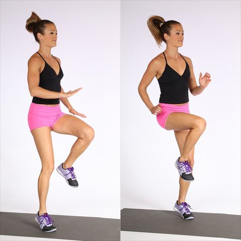 Run in place while lifting your knees high to the level of your waist. Engage your abs as the knee comes up... Muffin Top Exercises, Muscle Abdominal, Full Body Workouts, Workout Bauch, 20 Minute Workout, Best Cardio Workout, Knee Up, Lower Abs Workout, Popsugar Fitness