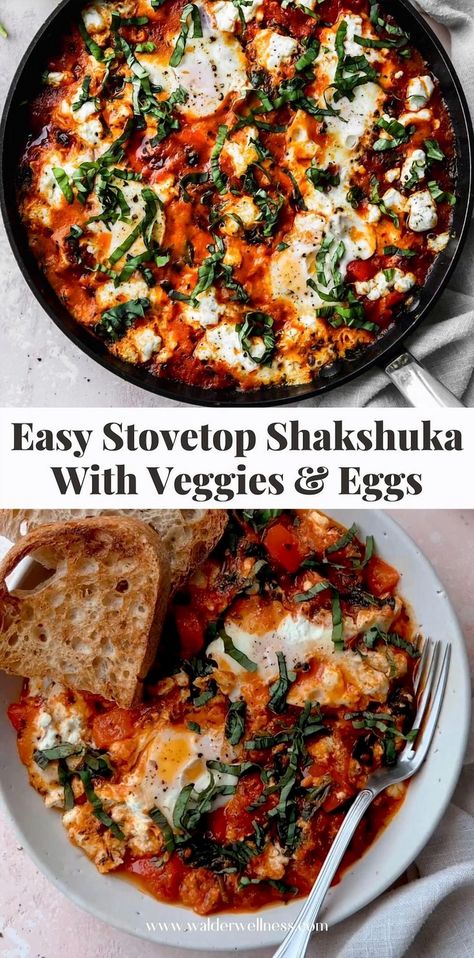 Elevate your breakfast or brunch game with this quick and easy stovetop shakshuka recipe from Walder Wellness. Created by a registered dietitian, this dish is packed with flavor and nutrition, featuring poached eggs in a rich, spiced tomato sauce. Perfect for a cozy meal at home, this video guide from 2021 will walk you through each step to create a delicious and satisfying dish. Ideal for those looking to enjoy a healthy and hearty meal without spending hours in the kitchen. Give it a try and savor the vibrant taste of this Middle Eastern classic. For Two, For One, Vegetarian Breakfast Recipes, Recipes For, Tasty Vegetarian Recipes, Vegetarian Dinners, Think Food, Health Dinner Recipes, Vegetarian Breakfast