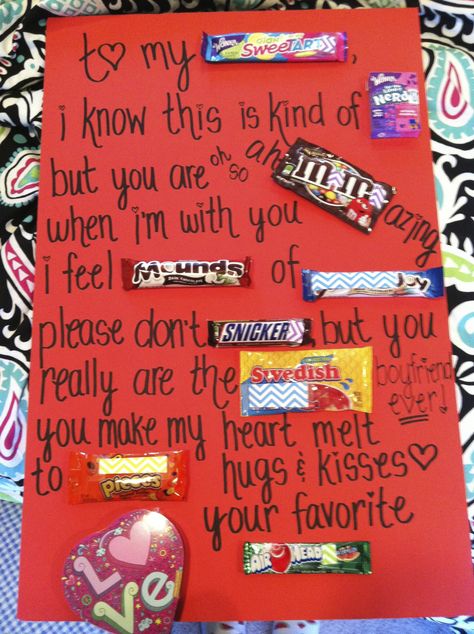 Valentine's Candy Message Card (total cost: $11) Boyfriend Basket, Candy Birthday Cards, Valentines Gift For Boyfriend Baskets, Candy Messages, Diy Valentine Gifts For Boyfriend, Candy Notes, Valentine's Candy, Romantic Valentines Day Ideas, Candy Bar Posters