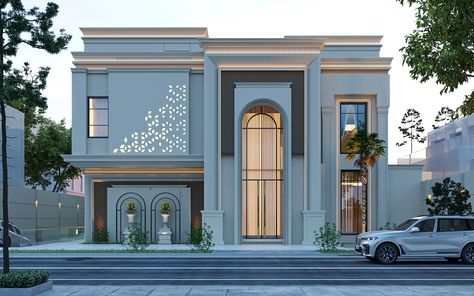 Neo Classic Villa Exterior on Behance Modern Classic Villa Exterior, New Classic Villa Exterior Design, New Classic Architecture, Neo Classic Villa Exterior, Neo Classic Villa, Classic Villa Exterior, New Classic Villa, Classic Villa Design, Classical Facade