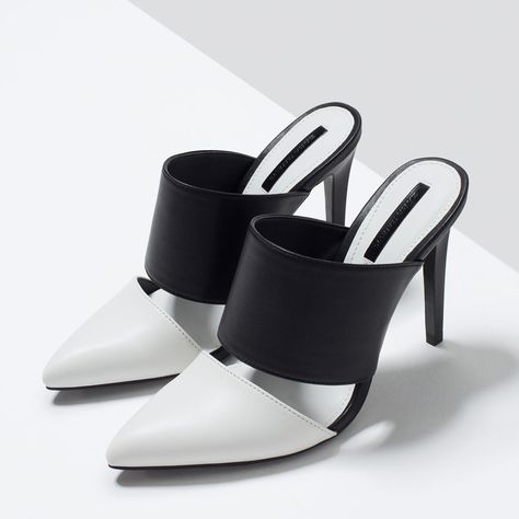 HIGH-HEELED SLINGBACK from Zara Chunky Heels Outfit, Black And White High Heels, White High Heel Sandals, Zara Mules, Dr Shoes, Color Block Heels, White High Heels, Classy Shoes, High Heel Mules