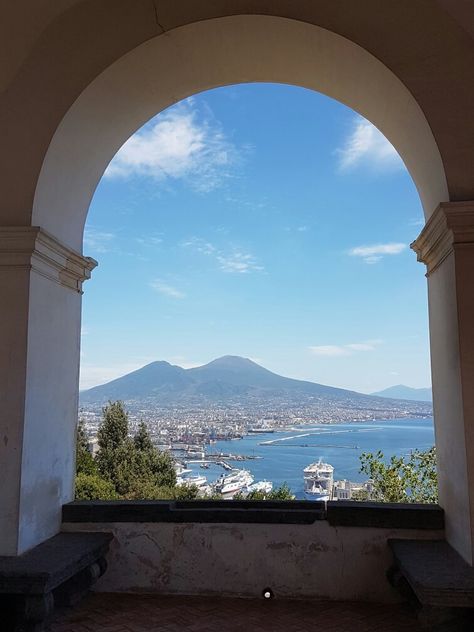 National Museum of San Martino, Naples.  View of the bay of Naples and Mt. Vesuvius from the private loggia of the Prior’s quarters. Mt Vesuvius, Bay Of Naples, San Martino, Italian Life, Soft Boy, Naples Italy, Southern Italy, National Museum, 17th Century