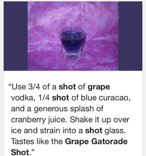 Grape Gatorade Shots, Purple Gatorade Shot Recipe, Grape Gatorade, Mom Drinks, Grape Vodka, Grape Kool Aid, Mimosa Recipe, Cocktail Shots, Party Shots