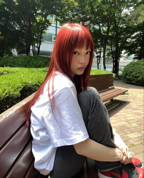 Red Hair Korean, Asian Red Hair, Red And White Outfits, Red Hair Inspo, Dyed Red Hair, Girls With Red Hair, January 10, Asian Hair, Pretty Selfies