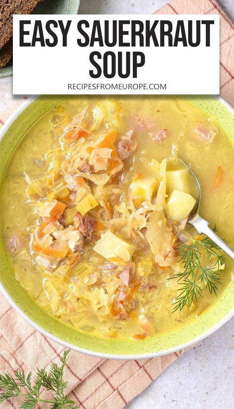 This delicious soup - loaded with sauerkraut, vegetables, and a few tasty meats - is so easy to make, filling, and perfect for colder days! Crock Pot Sloppy Joes, Soup Store, Sauerkraut Soup, Pork Broth, Sauerkraut Recipes, Summer Soup, Tasty Meat, Cooked Cabbage, Fall Comfort Food