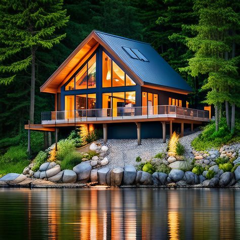 Cottage Plans Lakeside, Lakefront Homes Plans, Mountain Lake Cabin, Small Lake Cottage, Prefab Cottage, Small Modern Cabin, Prefab Cottages, Marble Mountain, Cottage Design Plans