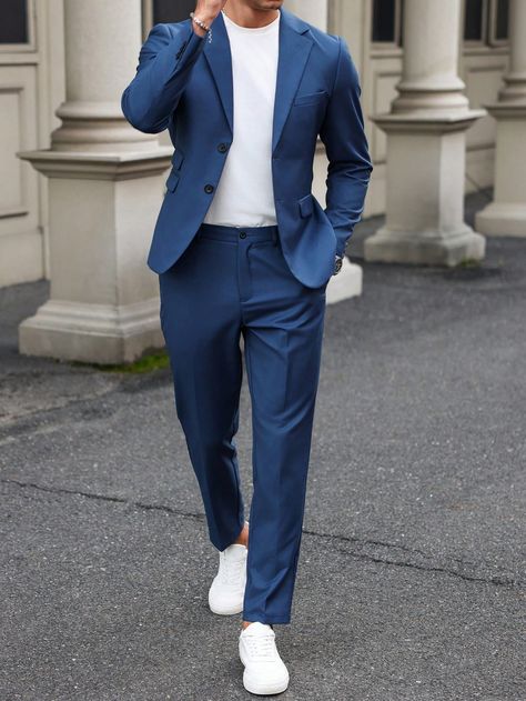 Men's Solid Color Simple Daily Long Sleeve Shirt And Long Pants Suit Royal Blue     Plain  Non-Stretch  Men Clothing, size features are:Bust: ,Length: ,Sleeve Length: Blue Formal Outfit Men, Royal Blue Suit Men, Royal Blue Suit, Blue Suit Men, Gala Outfit, Pants Suit, Formal Outfit, Blue Suit, Men Clothing