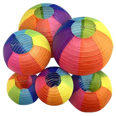 PRICES MAY VARY. Paper lantern made from mix color paper and iron wire frame with hanging hooks.Flameless, safe, and kid-friendly Collapsible design for compact storage and easy assembly; Lightweight, durable, and reusable; Contain 3 size: you will get a total of 6 round paper lanterns, 3 sizes, 20 cm/ 9 inch, 25 cm / 10 inch, 30cm/12inch; Every lantern with red, orange, yellow, green, blue, royal blue, purple, rose,this is a very novel color combination is a good choice for home decor Easy to p Diy Halloween Garland, Paper Lantern Making, Lanterns Chinese, Rainbow Party Decorations, Hanging Paper Lanterns, Chinese Paper Lanterns, Round Paper Lanterns, Tissue Pom Poms, Honeycomb Decorations