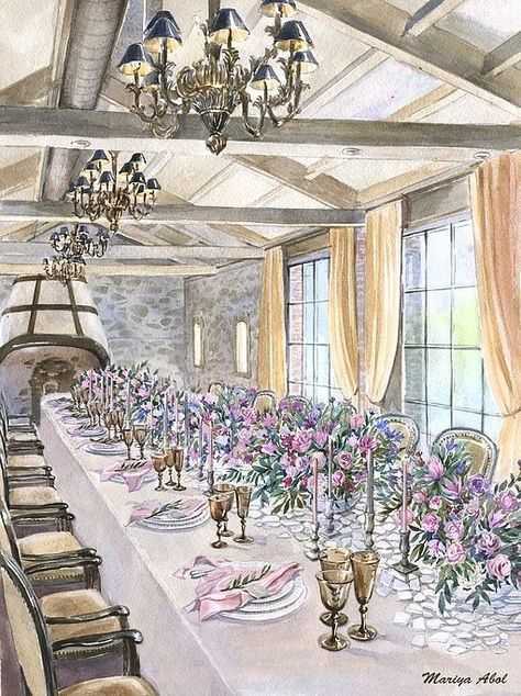 Table Illustration, Floral Print Background, Wedding Drawing, Storybook Wedding, Watercolor Art Paintings, Wedding Design Decoration, Wedding Illustration, Flower Sketches, Wedding Scene