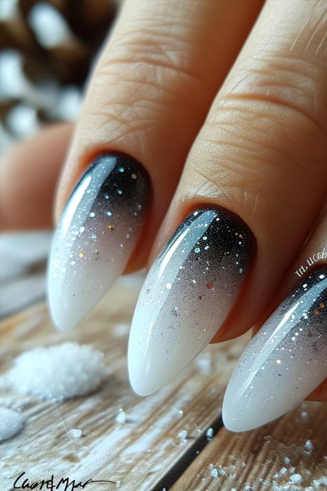 Ombre Glitter Nails White Ombre Nails With Design, Navratri Nails, Ombre Glitter Nails, White Winter Nails, White Ombre Nails, Ombre Glitter, Fall Gel Nails, Ombre Nails Glitter, Gothic Nails