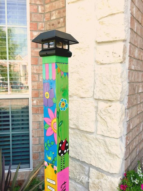 Garden Pole | Patina & Paint Peace Pole Diy, Garden Sticks, Peace Poles, Yard Crafts, Peace Pole, Garden Totem, Patina Paint, Art Pole, Painted Post