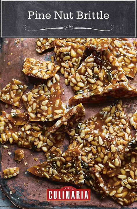 This addictive pine nut brittle has a little bit of everything - sweet, salty, and crunchy. It also makes a wonderful gift, if you can part with it. #ediblegifts #brittle #pinenuts Pine Nut Brittle, Nut Brittle Recipe, Easy Food Gifts, Nut Brittle, Pine Nut Recipes, Brittle Recipes, Pudding Ice Cream, Diy Food Gifts, Butter Honey