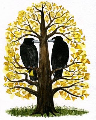 Diana Sudyka..."Rooks in Ginkgo Tree" Quoth The Raven, Ginkgo Tree, Crow Art, Black Birds, Master Of Fine Arts, Raven Art, Crows Ravens, Tree Illustration, Rock Posters