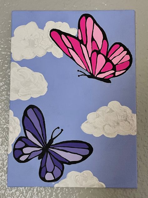 Cute Sketches Butterfly, Cute Paintings On Canvas Butterfly, Easy Painting Ideas Butterfly, Cute Butterfly Paintings Easy, Painting Ideas On Canvas Aesthetic Butterfly, Easy Canvas Painting Butterfly, Painting Ideas Positive Vibes, Butterflies Canvas Painting, Self Growth Painting