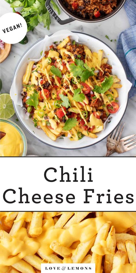 Chili Cheese Fries Vegetarian, Chili Cheese Fries Recipe, Easy Vegetarian Chili Recipe, Cheese Fries Recipe, Lemons Recipes, Pancit Recipe, Vegetarian Chili Easy, Vegetarian Chili Recipe, Veggie Chili