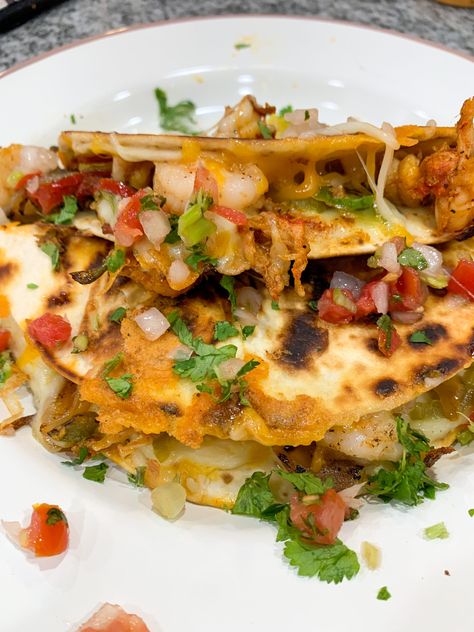 Shrimp & Crawfish Quesadilla Crawfish Quesadillas, Crawfish Tacos, Crawfish Pizza, Shrimp Pizza Recipe, Shrimp And Crawfish, Seafood Night, Shrimp Tortilla, Shrimp Quesadilla, Quesadilla Ingredients