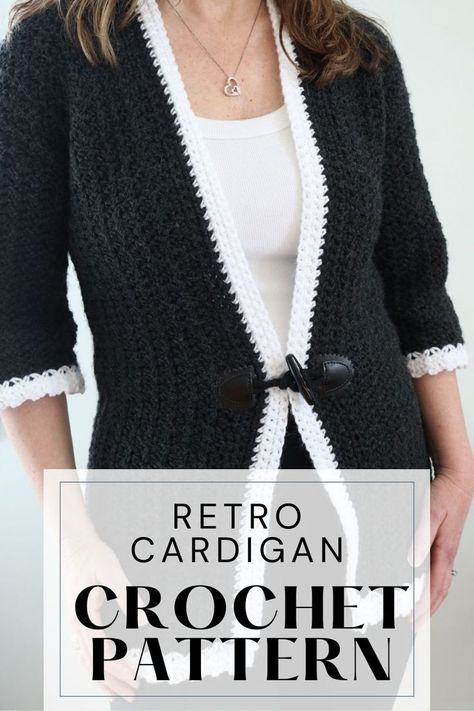 woman wearing crochet cardigan Retro Crochet Cardigan, Easy Crochet Cardigan Pattern Free, Easy Crochet Cardigan Pattern, Crochet A Cardigan, 1960s Crochet, Cardigan Pattern Free, Crochet Sweater Coat, Easy Crochet Cardigan, Crochet Retro