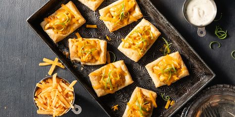 Spicy hot sauce is combined with shredded rotisserie chicken Rotisserie Chicken Appetizers, Sargento Recipes, Cheesy Buffalo Chicken, Shredded Rotisserie Chicken, Buffalo Bites, Chicken Puffs, Crescent Recipes, Sides Recipes, Ways To Love