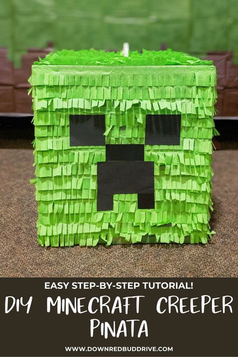 Making your own pinata doesn't need paper mache, especially when it comes to this Minecraft Creeper Pinata!  Minecraft Pinata | Creeper Pinata | Minecraft Birthday DIY | Minecraft Birthday Ideas | Creeper Pinata DIY | Minecraft Creeper Pinata | Down Redbud Drive #creeperpinata #diypinata #minecraftbirthday Minecraft Playroom, Creeper Pinata, Minecraft Birthday Ideas, Minecraft Pinata, Nintendo Birthday Party, Diy Minecraft Birthday Party, Nintendo Party, Minecraft Party Decorations, Pinata Diy