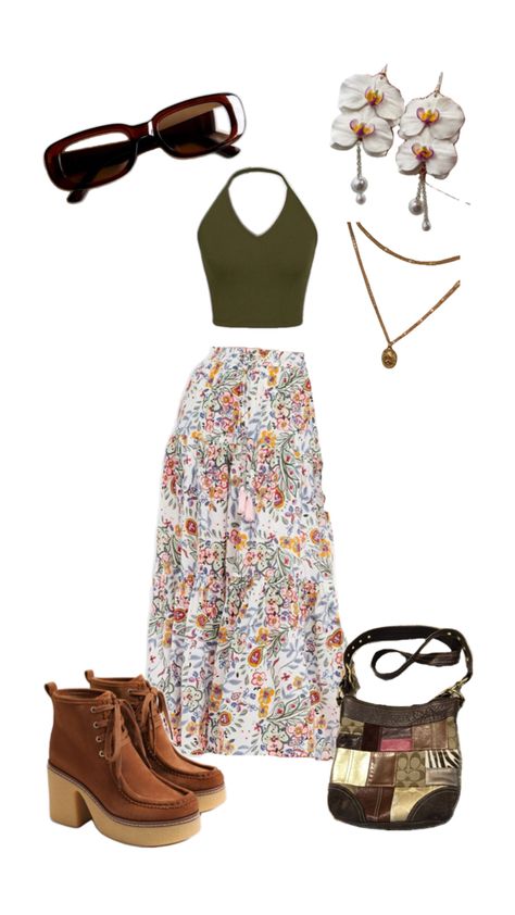 Floral maxi skirt, khaki top, patchwork bag, brown rectangle sunglasses, white orchid earrings, brown ankle boots Skirt With Ankle Boots, Floral Maxi Skirt Outfit, Cute Maxi Skirts, Maxi Skirt Outfit, Khaki Tops, Maxi Skirt Outfits, Brown Sunglasses, Floral Maxi Skirt, Patchwork Bags