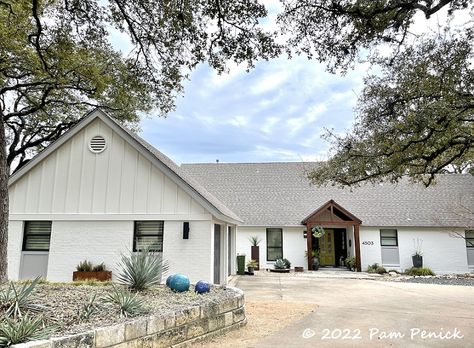 I painted my brick house white for a fresh look - Digging Exterior Painted Brick, Painted Brick Ranch, Porch Gable, White Painted Brick, White Exterior Houses, Painted Brick House, White Siding, Shoji White, Brick Ranch