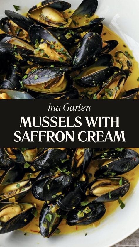 Ina Garten Mussels With Saffron Cream Saffron Mussels Recipe, Curry Mussels Recipe, Best Mussels Recipe, Mussels In White Wine Sauce, Curry Mussels, Saffron Cream, Saffron Recipes, Steamed Mussels, Saffron Threads