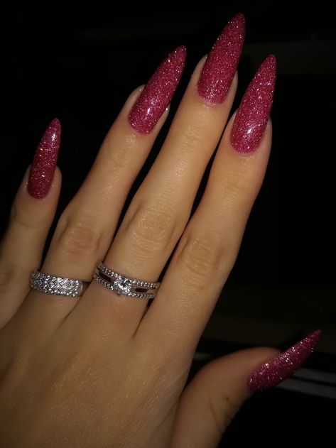 Glittery Hot Pink Nails, Magenta Glitter Nails, Dark Pink Glitter Nails, Pink Glitter Stiletto Nails, Pink Shiny Nails, Oval Glitter Nails, Hot Pink Sparkly Nails, Dark Glitter Nails, Pink Sparkly Acrylic Nails