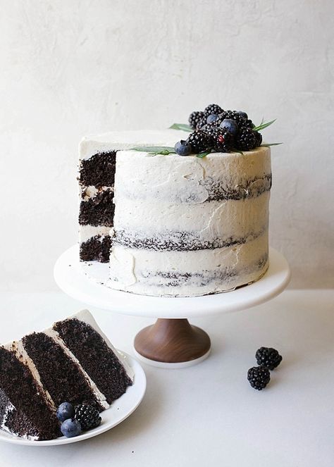 Black and white cake - Chocolate, vanilla, blueberry Cocoa Powder Cake, Caramel Photography, Cake Shoot, Black And White Cake, Black White Cakes, Butternut Bakery, Vanilla Bean Frosting, Coconut Buttercream