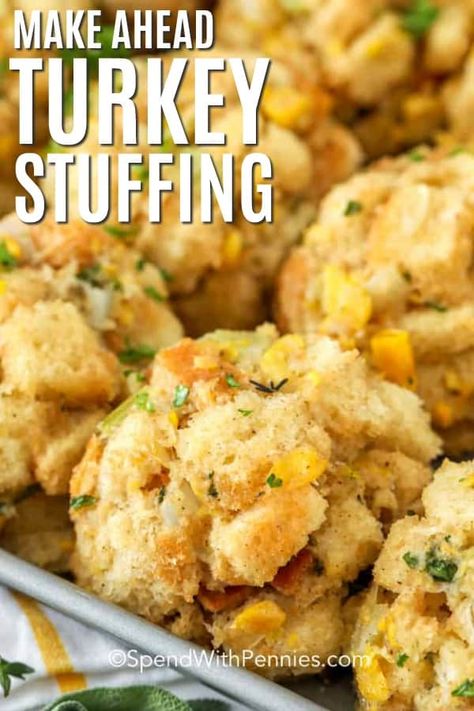 These make ahead stuffing balls are the perfect Thanksgiving or Christmas! We love serving this easy homemade stuffing recipe ahead of time to get the rest of turkey dinner ready! #spendwithpennies #stuffing #stuffingrecipe #turkeystuffing #easystuffing #dressing Dressing Balls Recipe, Dressing Turkey, Make Ahead Stuffing, Homemade Turkey Stuffing, Corn Dressing, Thanksgiving Corn, Homemade Stuffing Recipes, Stuffing Balls Recipe, Thanksgiving Food Crafts