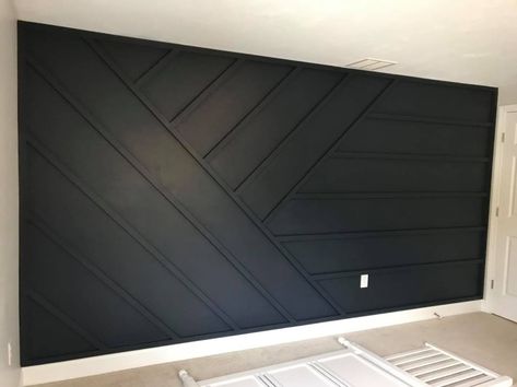 Black Board And Batten Bedroom Wall, Vertical Panel Accent Wall, Accent Walls Neutral, Black Board And Batten Accent Wall, Accent Wall With Boards, Black Wall Wood Accents, Black Wooden Accent Wall, Black Board And Batten Wall Bedroom, Accent Wall Design Ideas Bedrooms