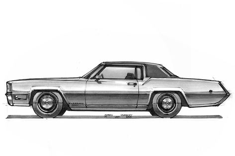 1970 Cadillac Eldorado side marker sketch. Old School Car Drawing, Car Drawing Side View, Car Side View Sketch, Old Car Sketch, Old Cars Drawing, Bikes Drawing, Vintage Car Sketch, Cadillac Tattoo, Classic Car Drawing