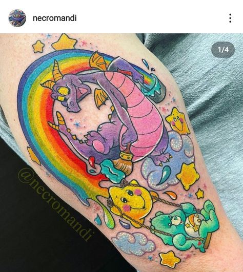 Figment and Care Bear Tattoo by @necromandi - Mandi Johnson in Virginia Beach Figment Tattoo Disney, 80s Cartoon Tattoos, Figment Tattoo, Care Bear Tattoo, Care Bear Tattoos, Tattoo Board, Bear Tattoo, 80s Cartoon, Calf Tattoo