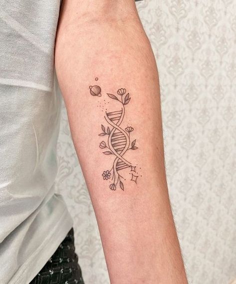 Simple Chemistry Tattoo, Stem Cell Donor Tattoo, Biologist Tattoo Ideas, Fine Line Science Tattoo, Dna Minimalist Tattoo, Minimalist Tattoo Medicine, Snake Dna Tattoo, Fine Line Dna Tattoo, Genetics Tattoo Ideas