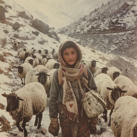 In the heart of a tranquil mountain landscape, dusted with snow, a young shepherd gazes into the distance. Her flock of woolly sheep clusters around her, a sign of her responsibilities and connection to the land. Despite the chill of the high altitude, there's a warmth in her expression, hinting at a story of resilience and daily life in harmony with nature. The mountains rise in the background, silent witnesses to the timeless ritual of pastoral care. Nomadic Aesthetic, Sheep Aesthetic, Shepherd Aesthetic, Snowy Mountain Landscape, Flock Of Sheep, Mountain Aesthetic, Mountain Images, In Harmony With Nature, Design Boards