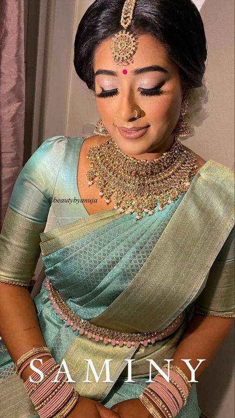 Stunning Bride Mint Green Saree, Tamil Bride, South Indian Bride Saree, Engagement Saree, Engagement Look, Indian Bride Makeup, Desi Dress, Half Saree Lehenga, Makeup Bride