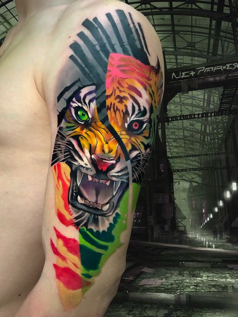 #tigre #tiger #color #surrealistic | By Neo Parker | Done at Creepshow Tattoo | Feb 17th 2019 | 877104 Arm Tattoos Tiger, Colorful Lion Tattoo, Watercolour Tattoo Men, Tiger Face Tattoo, Tiger Color, Tiger Tattoo Sleeve, Dragon Sleeve, Watercolor Tiger, Tiger Tattoo Design